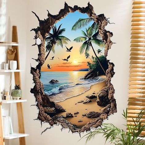 Sticker mural 3D Aurore boréale Sticker mural Coucher de soleil Sticker de plage Palmier de cocotier Mer Chambre des enfants Salon Chambre à coucher Décor mural (Coucher de soleil) (1/5)
