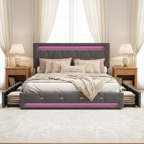 Lit 140x190 avec 4 tiroirs, lit double capitonné, éclairage LED et Chargement USB, sommier à lattes, scandinave, lin, Gris