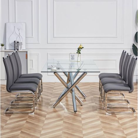 Lot de 4 chaises luge en cuir régénéré gris, structure en métal chromé, dossier et assise rembourrés, poignée de transport, hauteur d’assise 48 cm FLORAGRACE (1/5)