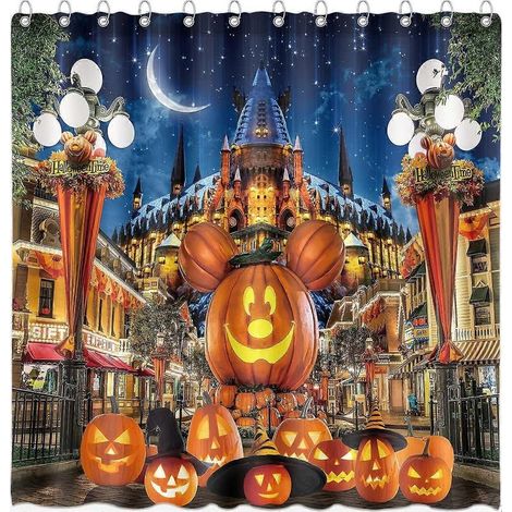1 rideau de douche d'Halloween pour salle de bain d'enfants, motif citrouille, chapeau de magicien, lune, château, étoile, lampadaire, en tissu polyester imperméable. (1/5)