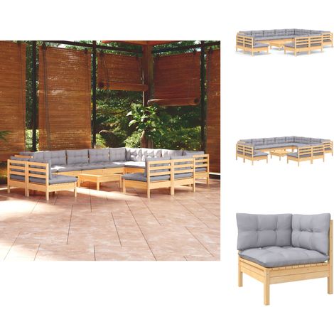 Gartenmöbel-Sets - Living 13-tlg. Garten-Lounge-Set mit Grauen Kissen Massivholz Kiefer (1/5)