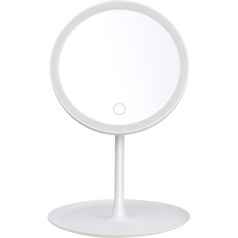 Wiederaufladbarer runder Kosmetikspiegel mit LED-Beleuchtung, abnehmbarem Standfuß und Tischspiegel. (1/5)