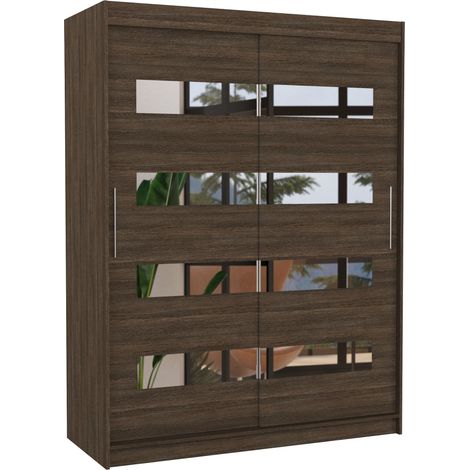 Armoire de chambre marron 2 portes coulissantes marron et miroirs horizontaux Bozika 150cm (1/5)