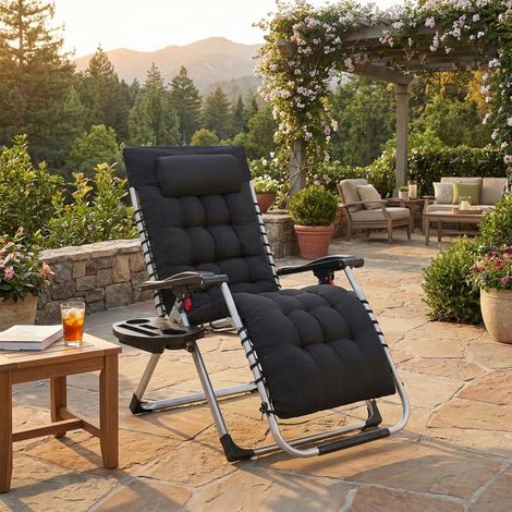 Songmics – Transat de jardin pliant en acier – Coussin amovible – Plateau compartimenté – Tissu imperméable – Dimensions 90x65x110 cm (1/5)