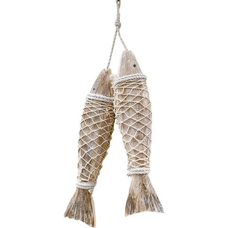 Poisson Décor Mur - Sculpture En Bois Massif Avec Filet Décoratif - Décoration Nautique Pour Porte Mur Bateau Maison Lac - Lot De 2 (1/5)