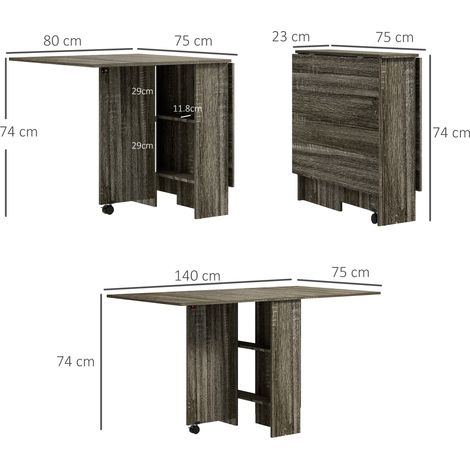 Table pliante (avec deux étagères inférieures, pouvant accueillir jusqu'à 6 personnes), en bois, dimensions : 140 x 75 x 74 cm, grise (1/5)