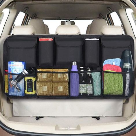 Organizador de maletero para coche，bolsa para maletero，bolsa impermeable con malla elástica resistente y cierre de velcro para SUV，color negro (1/5)
