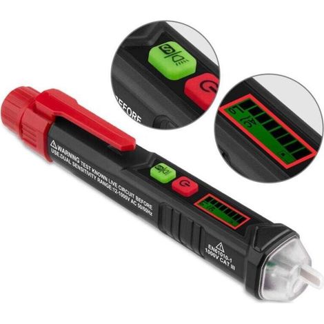 Berührungsloser Spannungsprüfer, Spannungstester mit doppelter Empfindlichkeit 12 V/48 V-1000 V, LCD-Anzeige, Phasen-/Neutralleiterprüfung, Taschenlampe, akustischer Alarm (1/4)