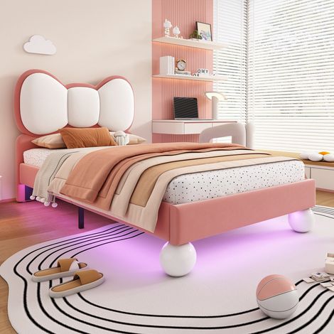 Cama infantil 90x200 cm, Cama individual con cabecero en forma de lazo y LED bajo la cama, Terciopelo suave para niña, Rosa (1/5)