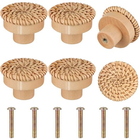 6 Pièces Boutons de Meuble en Rotin Bois, Poignée Meuble Bois, Bouton de Tiroir, Boutons de Portes pour Placards, Boutons de Meuble Rond en Bois, Bouton de Meuble Bois pour Chambre Cuisine Bureau (1/5)