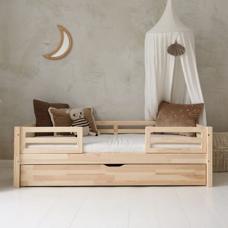 Cama 90x190 con barandillas somier y cajón Myléna Madera