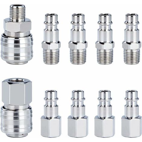 Raccord Rapide de Compresseur 1/4"BSP Coupleur Pneumatique d'air Kit Raccords de Tuyau Connecteur Homme Femme 10 Pièces (1/4)