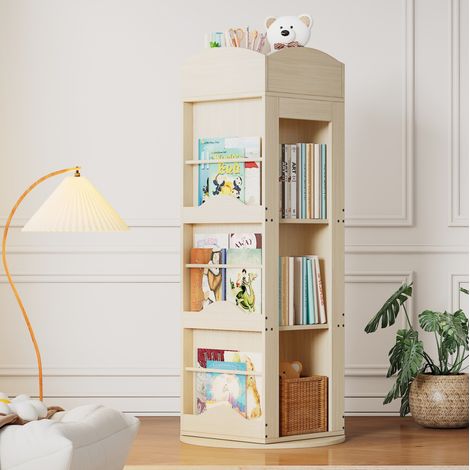 Bibliothèque tournante 4 niveaux 360° en MDF 63 x 63 x 142 cm couleur naturelle OKWISH (1/5)