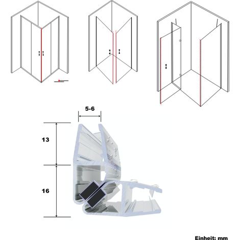 WITEN&NOCK Magnetdichtung für Duschtür Duschdichtung Duschkabine 90 Grad & 180 Grad (1 Paar) für Glasstärke 5 mm 6 mm Länge 185 cm (1/3)