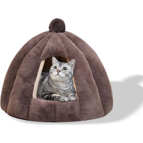 Lit De Grotte pour Chat, Lit De Coussin De Chat Lavable, Igloo De Chat en Peluche Doux Et Confortable(S, Gris) (1/5)