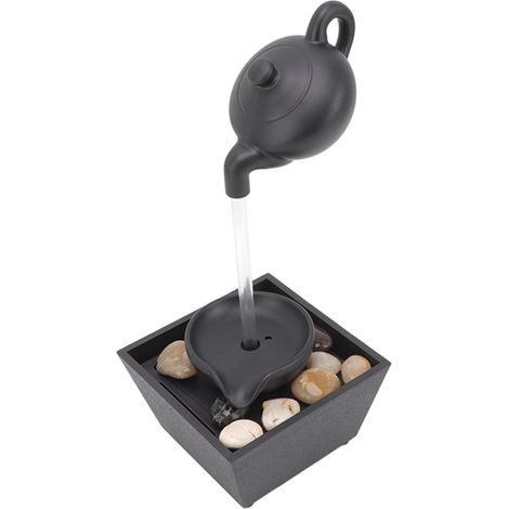 Fontana ausiliaria galleggiante a forma di teiera, alimentata da una batteria USB da 5V, con luci a LED e pietre decorative.