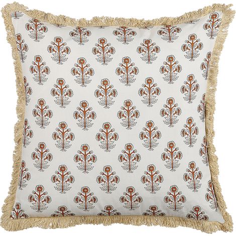 Cojín de algodón blanco crema beige claro naranja 45 x 45 cm floral borlas Omorika