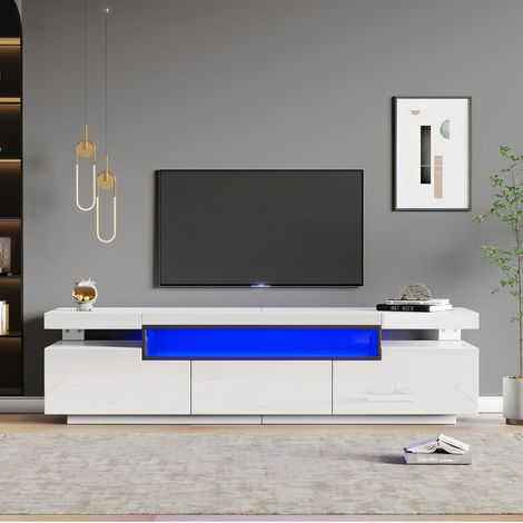Meuble tv 160x39x42 cm blanc laqué, led 16 couleurs, 3 tiroirs, support tv jusqu'à 70, contemporain (1/5)