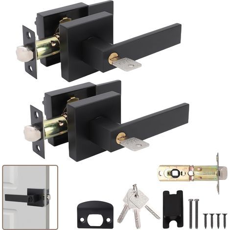 Matte black copper alloy door handle with lock and key, suitable for hall and closet doors, door thickness: 35-53 mm, can be tilted left and right, 2 pieces (1/5)