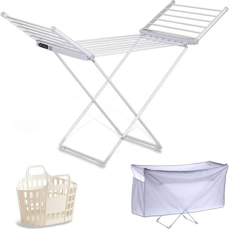 Étendoir à Linge Chauffant, Sèche Serviette Électrique Pliable, Sechoir a Linge Electrique Basse Consommation,18 Barres Aluminium,Écran LED & Minuterie,Housse Thermique & Panier Inclus