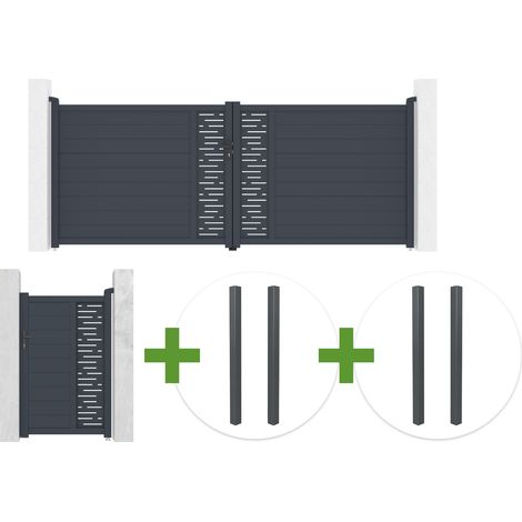 Portail battant 4m ARLBERG H.160cm gris + Portillon 1m ARLBERG H.160cm gris + 4 poteaux ELDA (1/5)