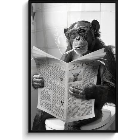 AFFICHE ENCADRÉE Singe - WC - Journal - Noir et blanc - Humour Decoration Murale Peinture 80x120 (1/5)