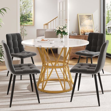 Conjunto de mesa y sillas de 5 piezas, mesa redonda de 100 cm con 4 sillas de terciopelo gris HAVRYA (1/5)