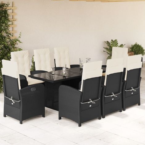 Salon de jardin 9 pièces, 8 fauteuils inclinables avec coussins, résine tressée noire - PANGIVO (1/5)