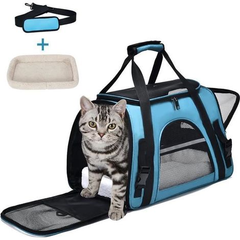 Sac Transport Chat Chien,Respirant et Pliable Caisse De Transport Chat avec Tapis Amovible Doux et Bandoulière-Bleu, pour Voyage (1/4)