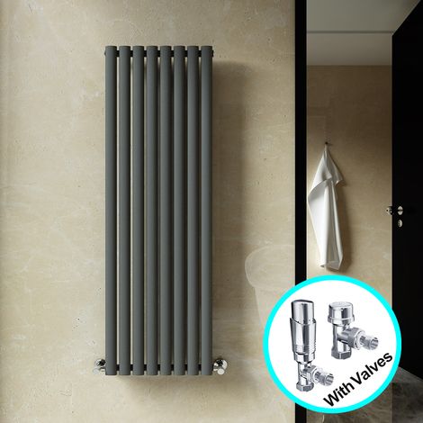 ELEGANT Central Heating Radiator 1600 x 472mm Vertical Anthracite Single Panel Oval Column Rad + Chrome Thermostatic Radiator Valves (1/5)