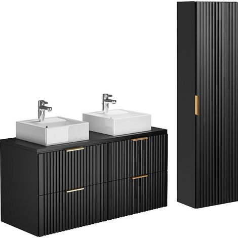 Mobile per bagno sospeso con scanalature e lavabo da appoggio e colonna 120 cm Nero - ZEVARA