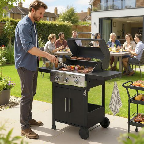 Barbacoa de Gas con 3 Quemadores 7,5 kW Termómetro Parrilla Plancha Mesas Laterales Armario Ruedas 125x57x110 cm Negro (1/5)