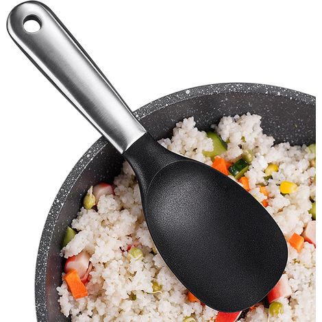 Cuchara de arroz de silicona, colgante y resistente al calor, adecuada para cocinar salsas, sopas, ensaladas y condimentar arroz (núcleo de acero recubierto de silicona negra [mango 430]). (1/5)