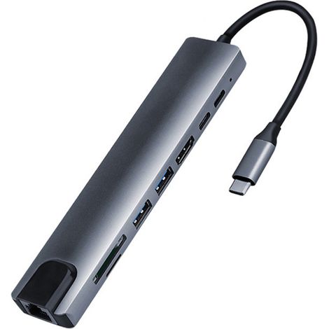 Hub USB-C - 8 Ports - HDMI 4K 60 Hz - Ethernet 100 Mbps - 2 x USB 3.0 - Lecteur SD/TF - Alimentation PD 100 W - Pour Ordinateurs Portables USB-C (1/5)
