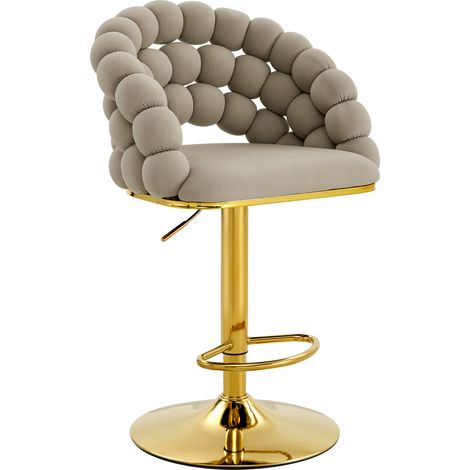Set mit 2 Barhockern aus grauem Samt, höhenverstellbar, mit Kugelrückenlehne, goldene Basis (1/5)