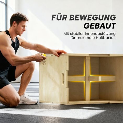 Boîte pliométrique 3-en-1 en bois naturel avec 3 hauteurs de saut, poignées, 61 x 51 x 76 cm, plateforme de musculation pour entraînement fonctionnel et cross-training. (1/5)
