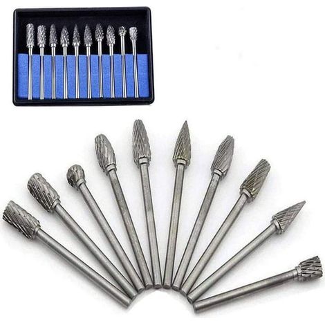 Lot de 10 fraises carbure tungstène, embouts de meulage pour Dremel, perçage et ponçage métal, tête rotative pour outil multifonction, affûtage et polissage. (1/5)
