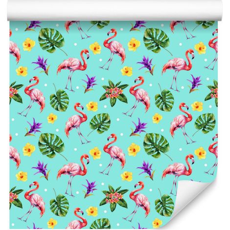 Papier peint Flamants roses Menthe et Céladon pour salon et chambre 50x1000 cm (1/5)