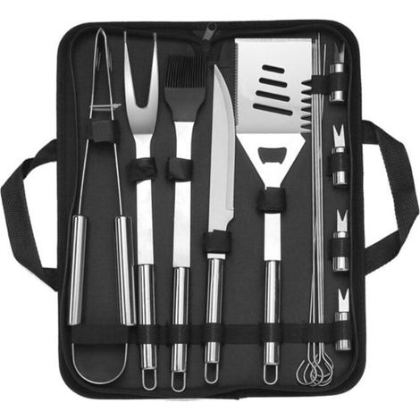 Ensemble de 10 accessoires et ustensiles de barbecue en acier inoxydable, avec sac de rangement portable, idéal pour le camping et disponible en plusieurs couleurs. Grande taille. (1/4)