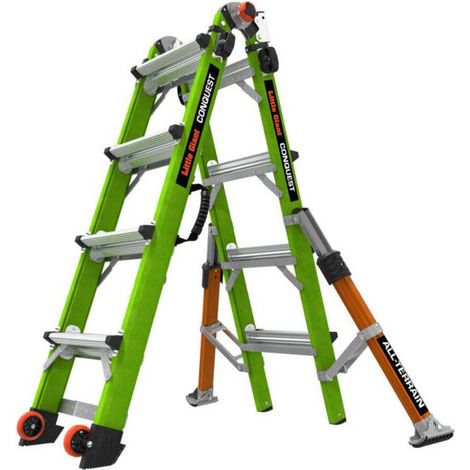 Little Giant – Échelle convertible en fibre de verre 150 kg – Niveleurs latéraux pour sols inégaux – Pieds pivotants pour sols durs – Option échafaudage