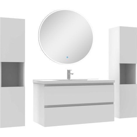 Ensemble meubles Salle de Bain avec colonne et miroir rond mural 100cm meuble blanc (1/5)