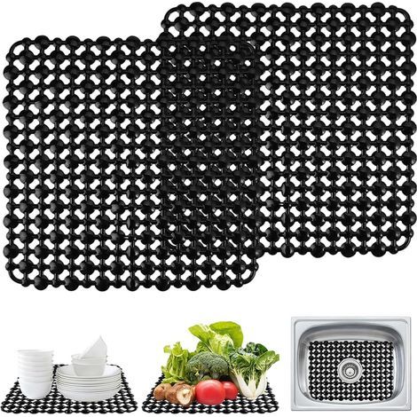 Lot de 2 tapis d'évier de cuisine découpables, tapis protège-évier rapide à drainer pour vaisselle, verrerie et légumes (28 x 28 cm) (Noir) (1/5)