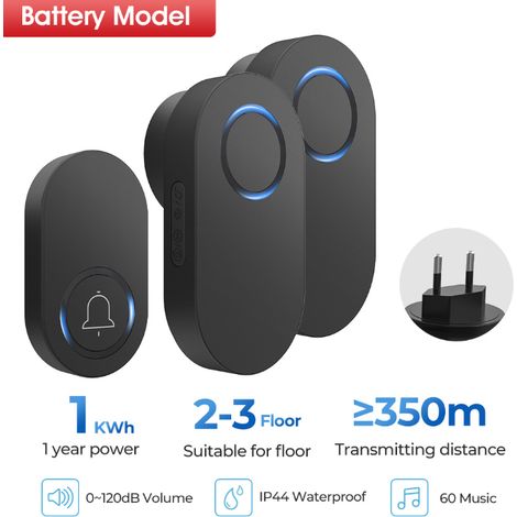Sonnette sans Fil Exterieur Etanche avec Récepteurs Portée de IP65 Carillon Indicateur LED pour Maison Hôtel -Noir 400m 2 Noir Bleu (1/5)