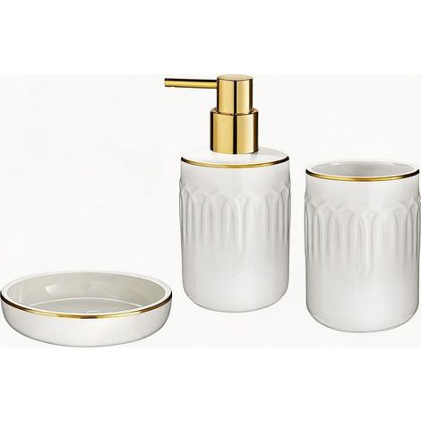 Ensemble de salle de bain, ensemble de 3 pièces comprenant un distributeur de savon, une porte-savon et un porte-brosse à dents, blanc or fil doré ensemble de trois pièces