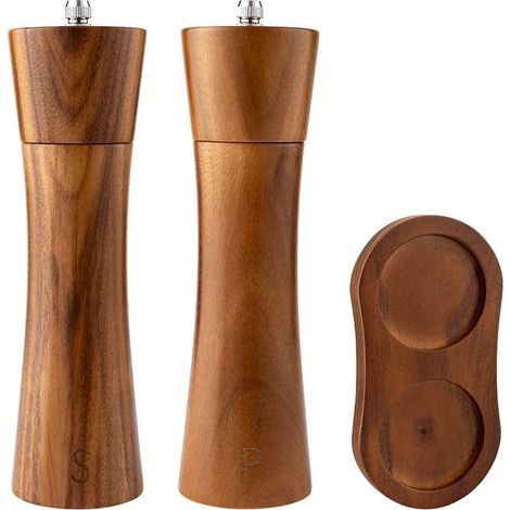 Set mit 2 Salz- und Pfeffermühlen – Holz – Mahlgrad einstellbar – Mit Sockel – Naturholzfarbe (1/5)