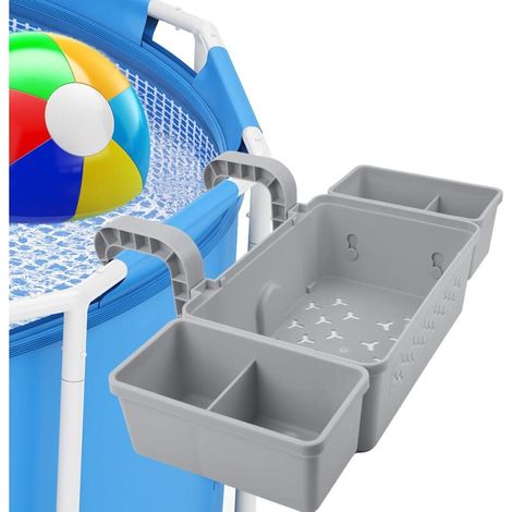 Panier de rangement pour piscine, panier de rangement suspendu avec 2 porte-gobelets, en plastique recyclé, pour accessoires de piscine hors sol, gris