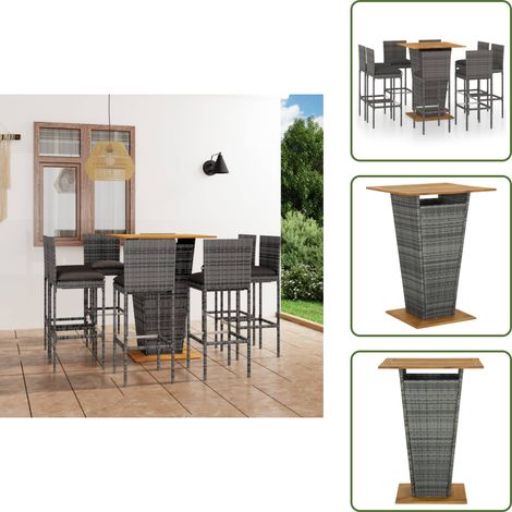 Ensemble de bar de jardin 9 pcs et coussins Résine tressée Gris - Ensemble Salon De Jardin - Mobilier De Jardin - Set De Bar Extérieur - Table Basse Extérieure - Chaises Pliantes (1/5)