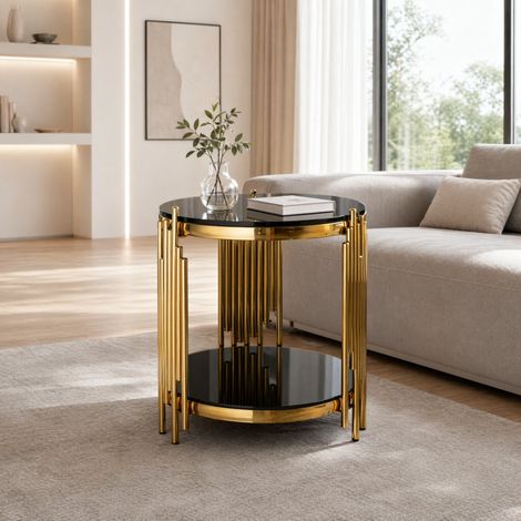 Table appoint ronde verre – Noir/doré – Pieds inox – Bureau/Table nuit – Luxe – Salon (1/5)