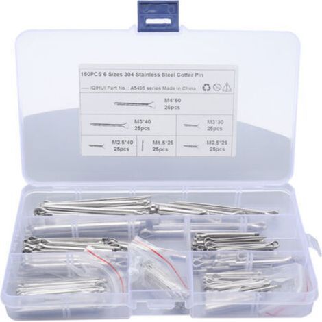 150 pièces U forme goupille fendue 304 en acier inoxydable attaches fendues mécanique voiture avec boîte Split, Cotter pour la Réparation de Petits Moteurs(Argent)