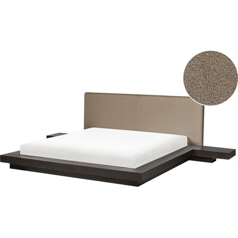 Cama moderna con plataforma mesitas de noche cabecero de bouclé madera de fresno oscuro 160 x 200 cm Zen (1/5)